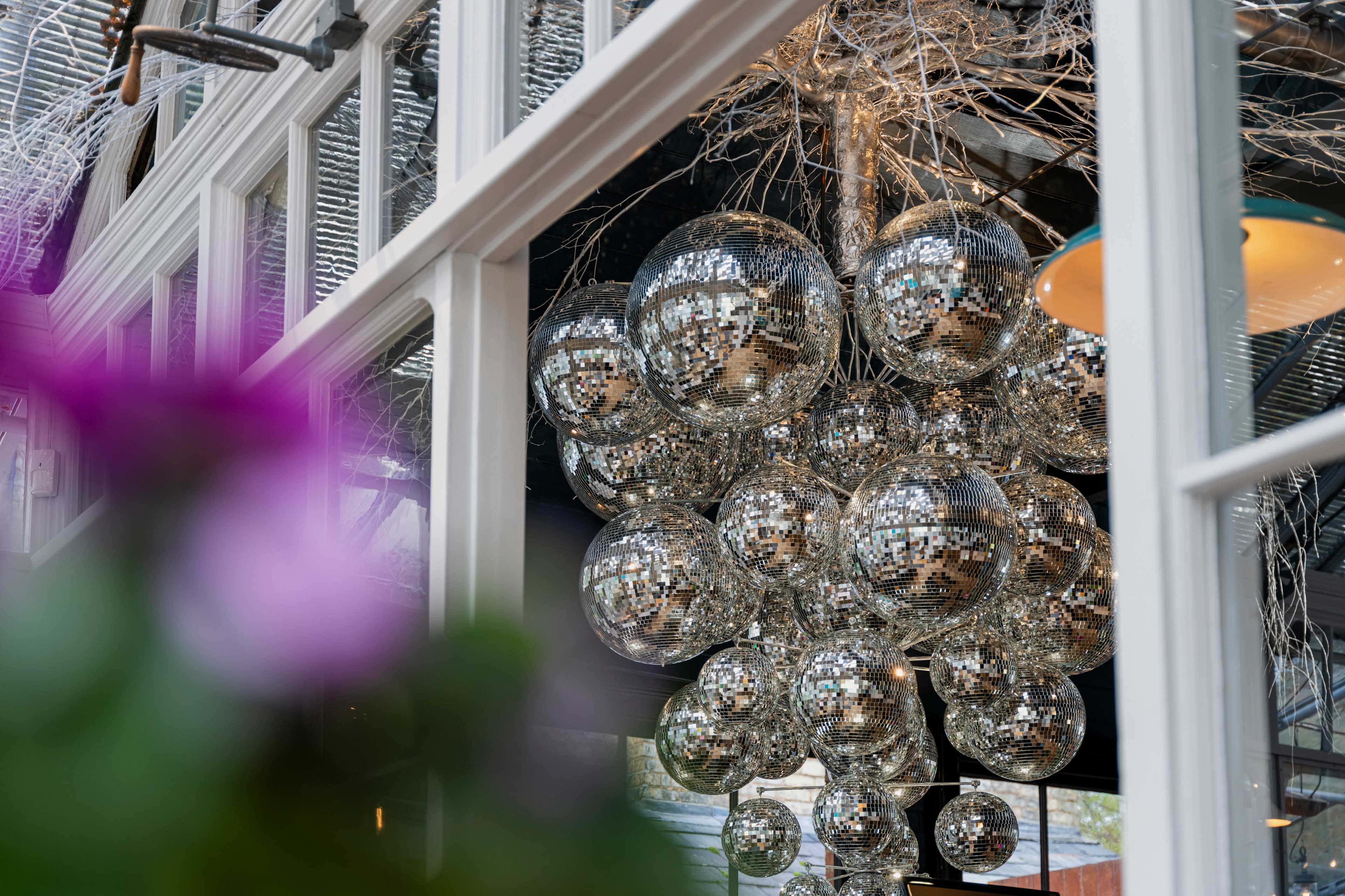 A7R04907 - 2023 - Gees Restaurant & Bar - Oxford - High Res - Upside-down Disco Ball Christmas Tree Glasshouse - Web Hero