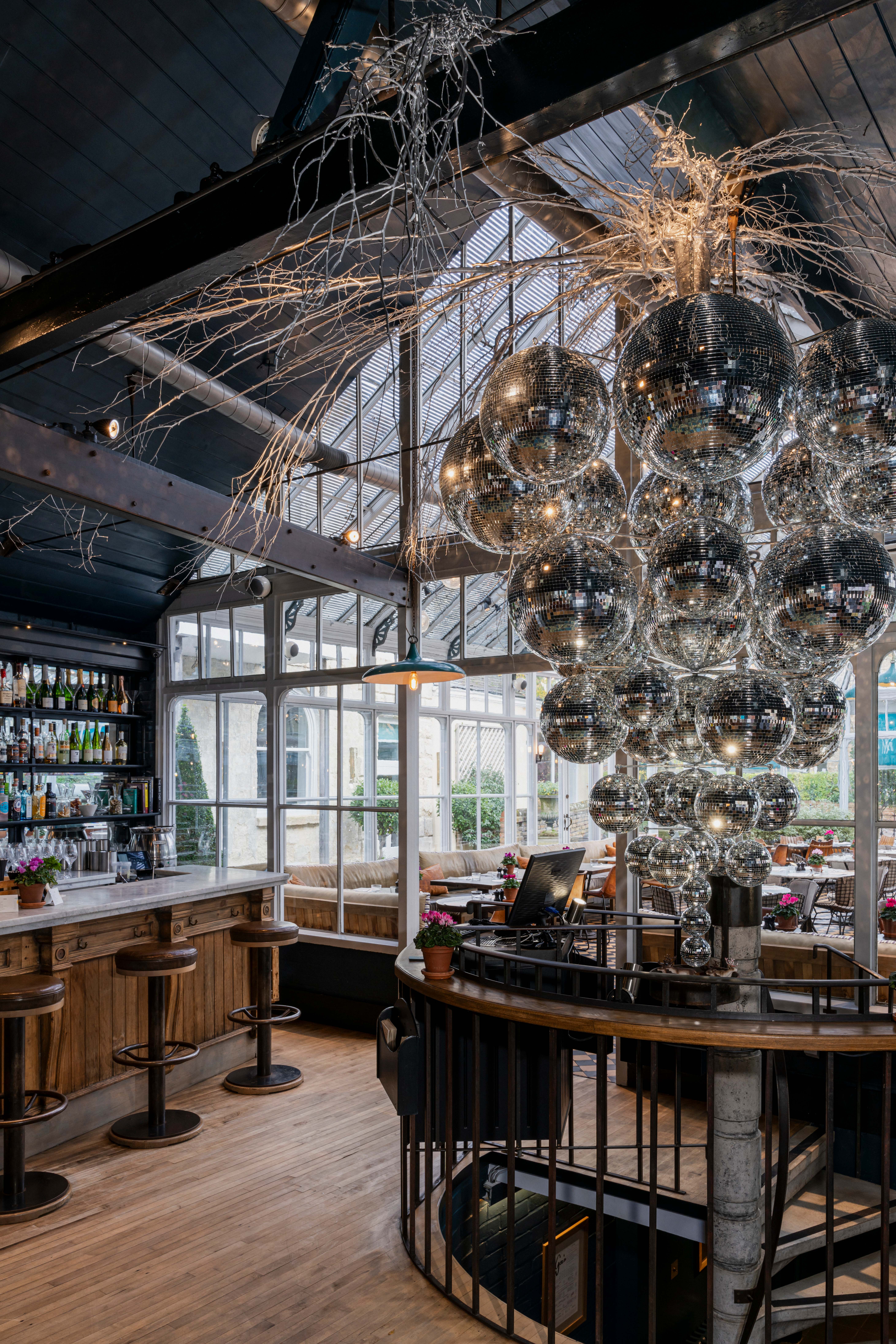A7R04841 - 2023 - Gees Restaurant & Bar - Oxford - Low Res - Upside-down Disco Ball Christmas Tree Glasshouse Bar